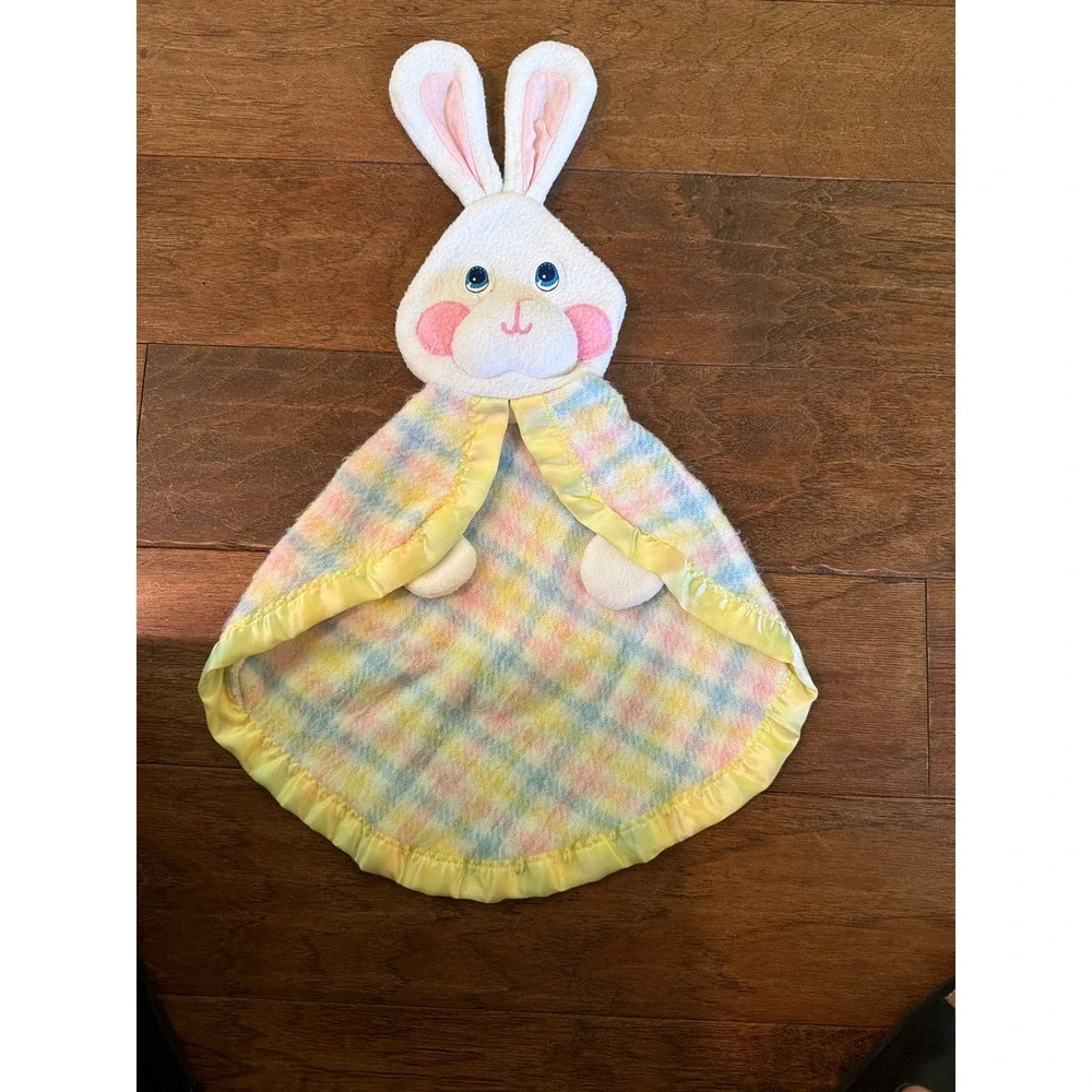 Fisher Price Vintage Bunny Lovey Security Blanket Pastel Plaid Satin Ruffle